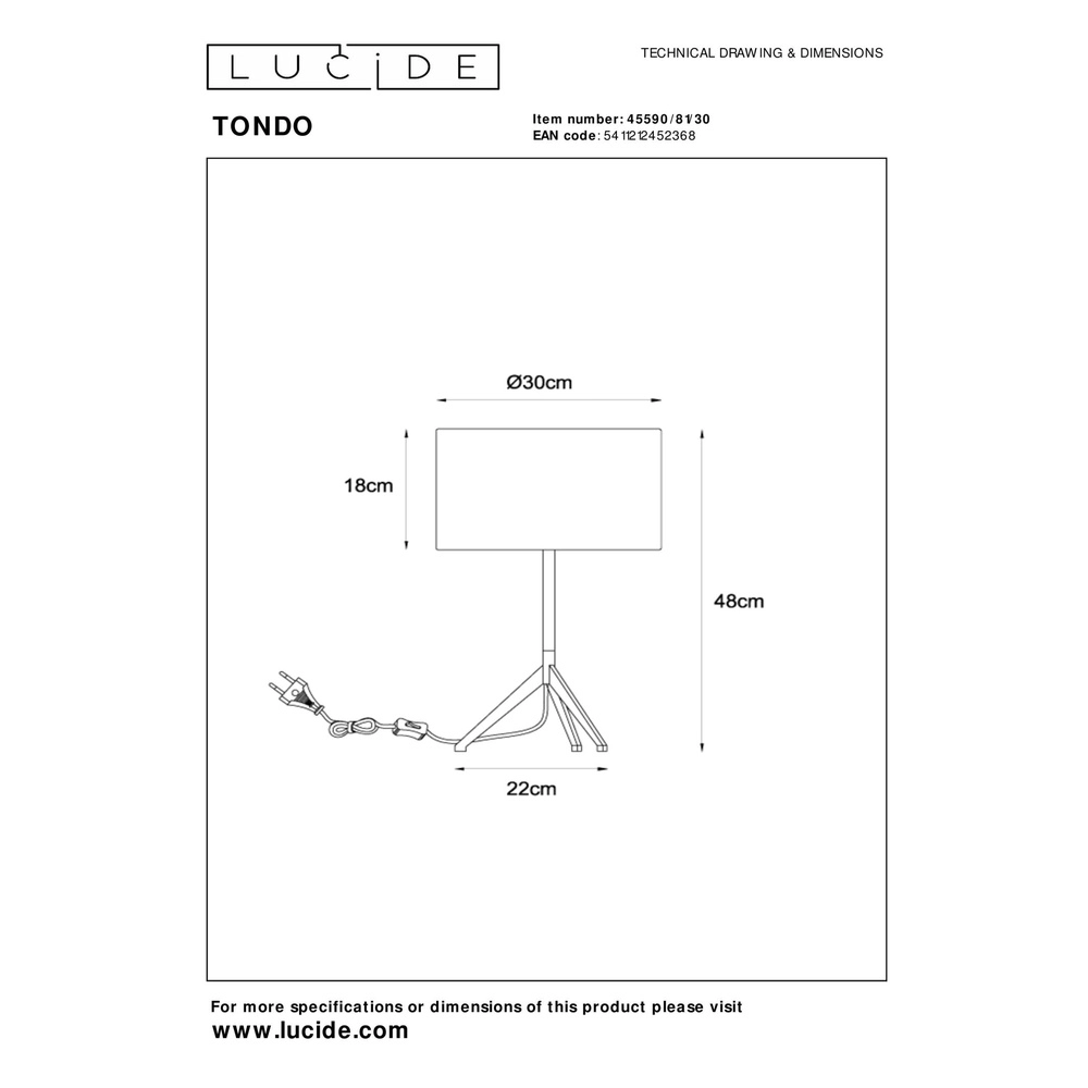 Lampe de table trépied Tondo Noir Lucide 5411212452368
