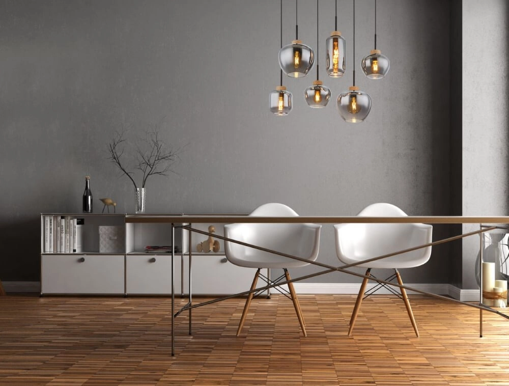 Lampe suspendue 6 lumières Matt noir avec du bois Globo 9007371441518