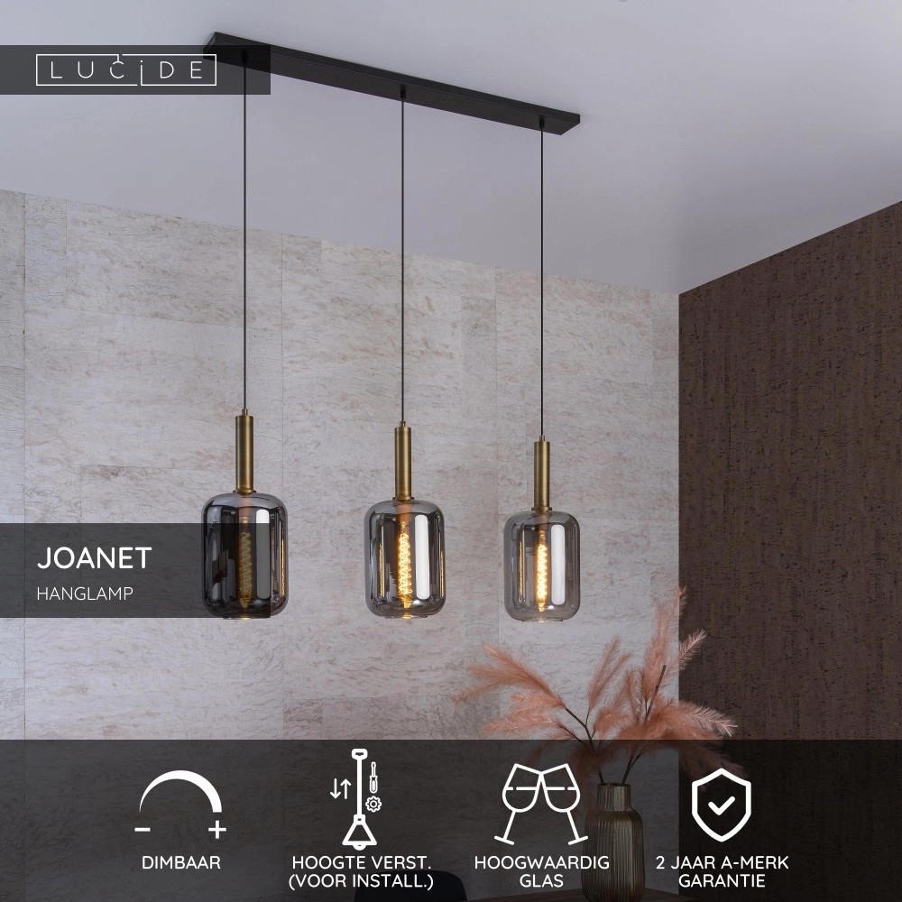 Lampe pendante à 3 liches Joanet Or droit avec verre fumé Lucide 5411212451989