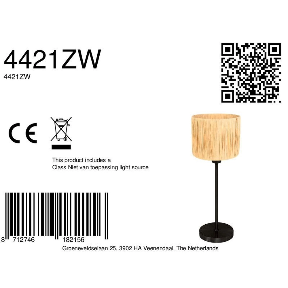 Lampe de table noire Noor avec capot en paille Steinhauer 8712746182156