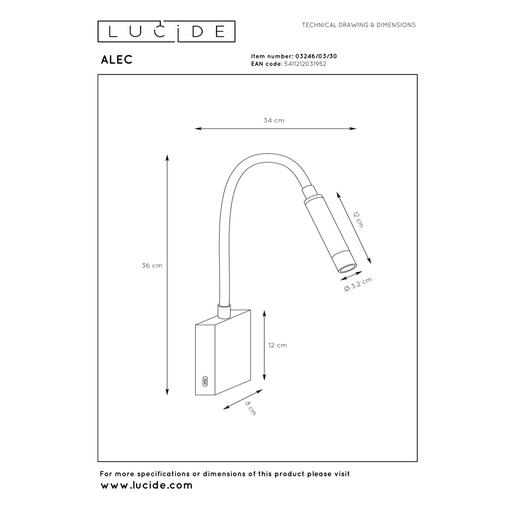 Lampe de chevet Alec noir avec port USB Lucide 5411212031952