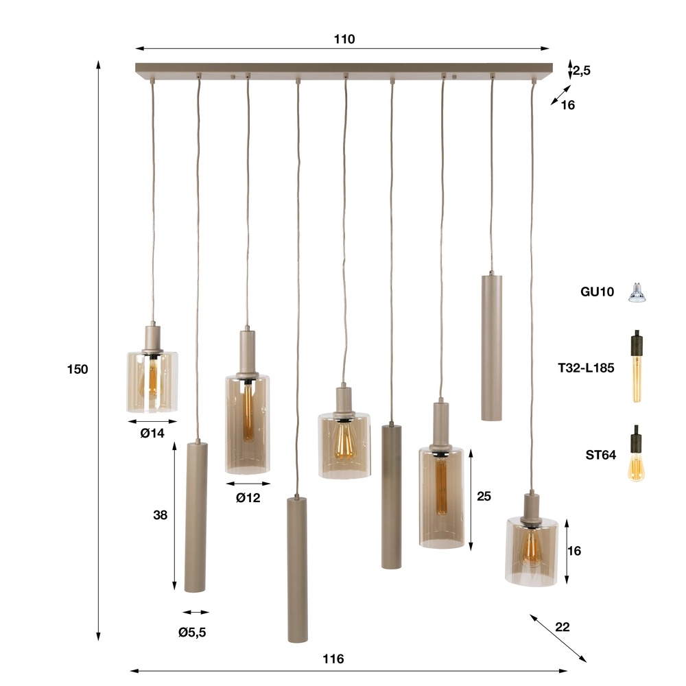 Lampe pendante de conception Sepiora Brun sable clair à 9 Lyora 8716803515307