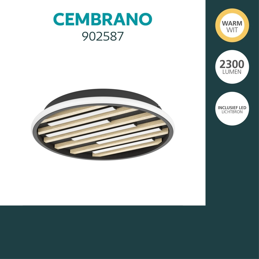 Lampe de plafond moderne Cembrano Noir rond avec bois Eglo 9008606388134