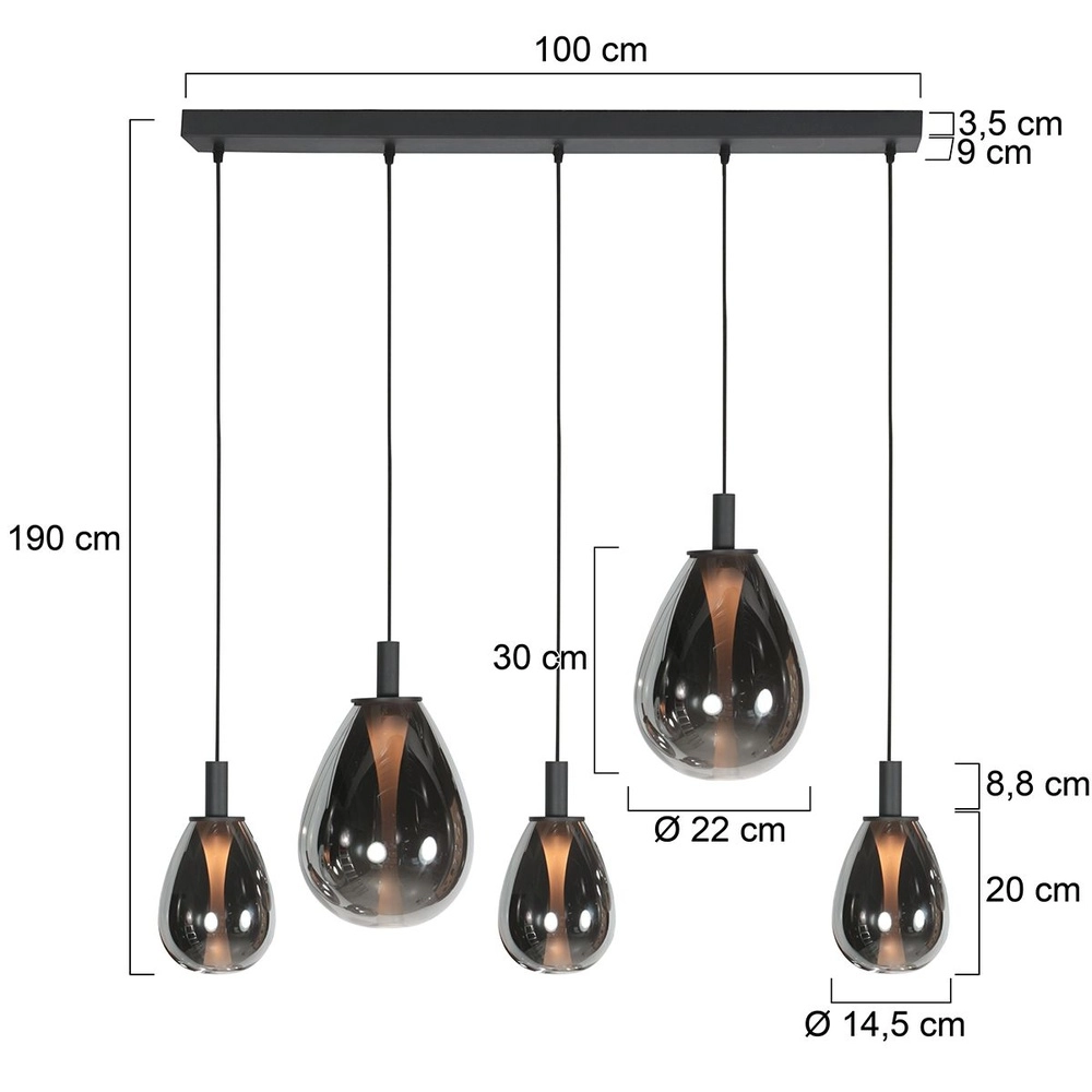 Suspension Glimsy Noir à 5 lumières avec verre fumé Steinhauer 8712746177954