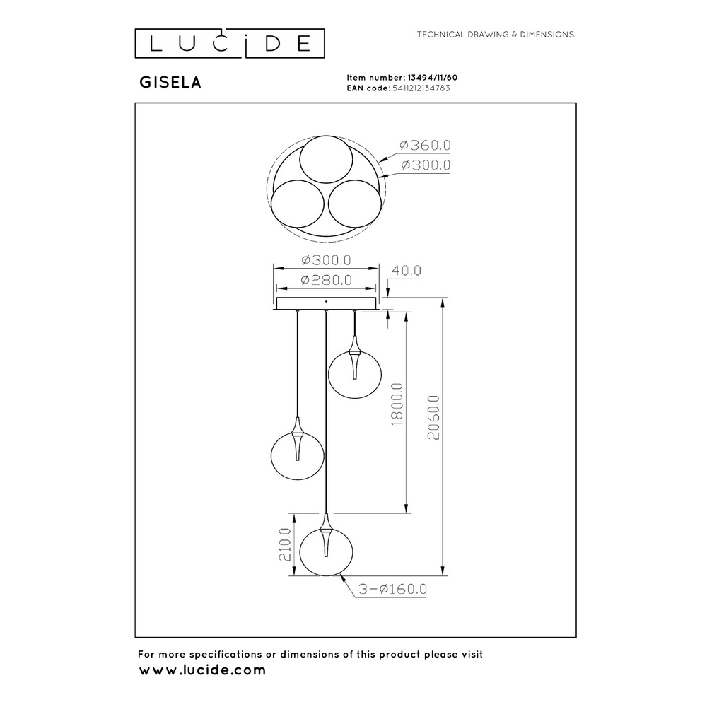 Suspension LED de conception Gisela transparent - 3x Ø 16cm Premium by Lucide 5411212134783