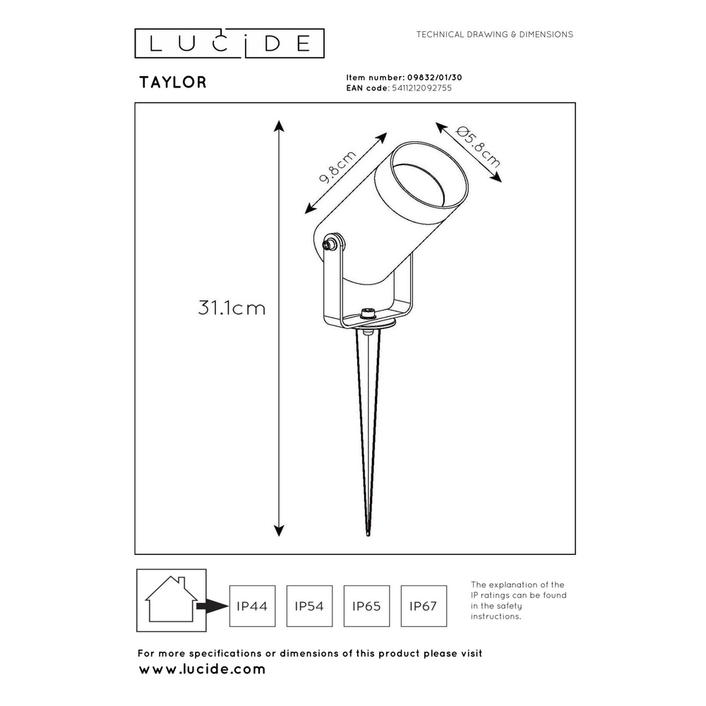 Tache de pointe Taylor IP65 noir Lucide 5411212092755