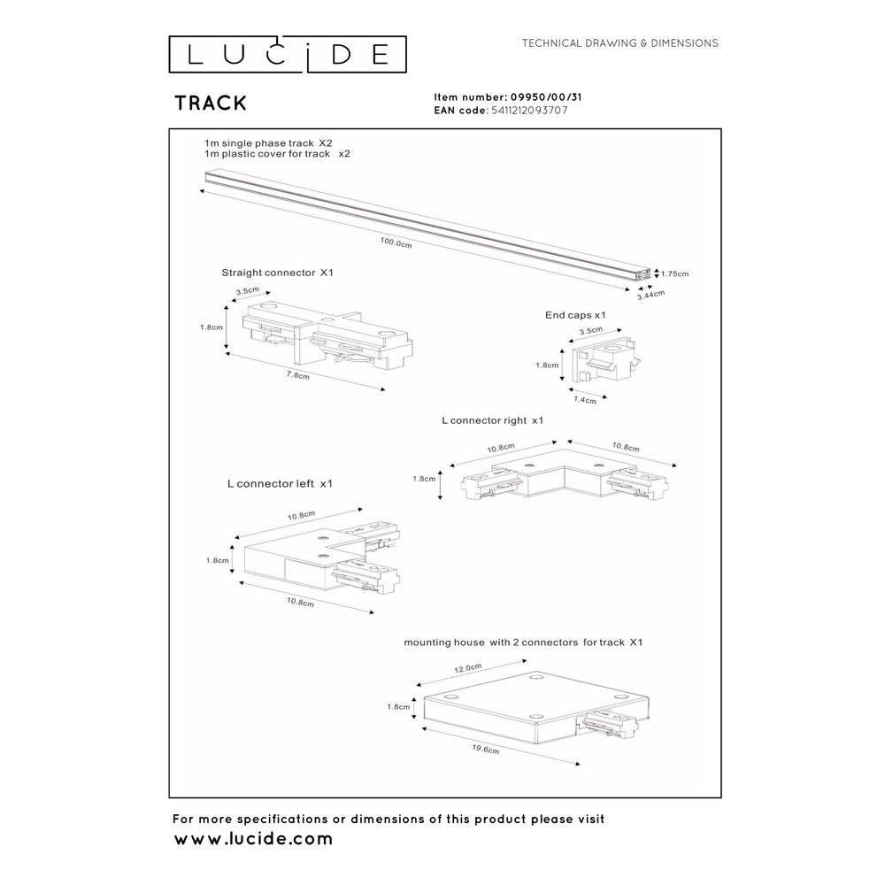 Kit de démarrage d’éclairage sur rail Track Blanc monophasé Lucide 5411212093707