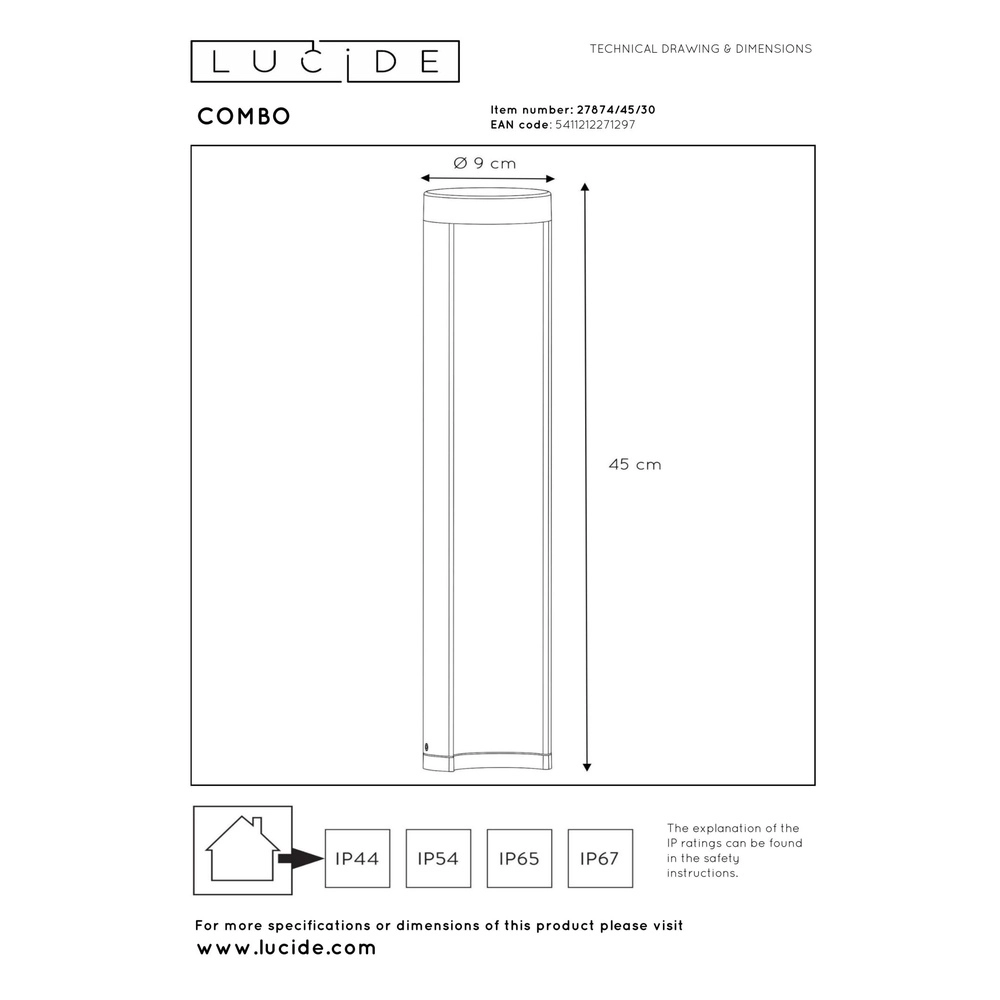 Éclairage de voie de conception Combo 45 cm noir Lucide 5411212271297