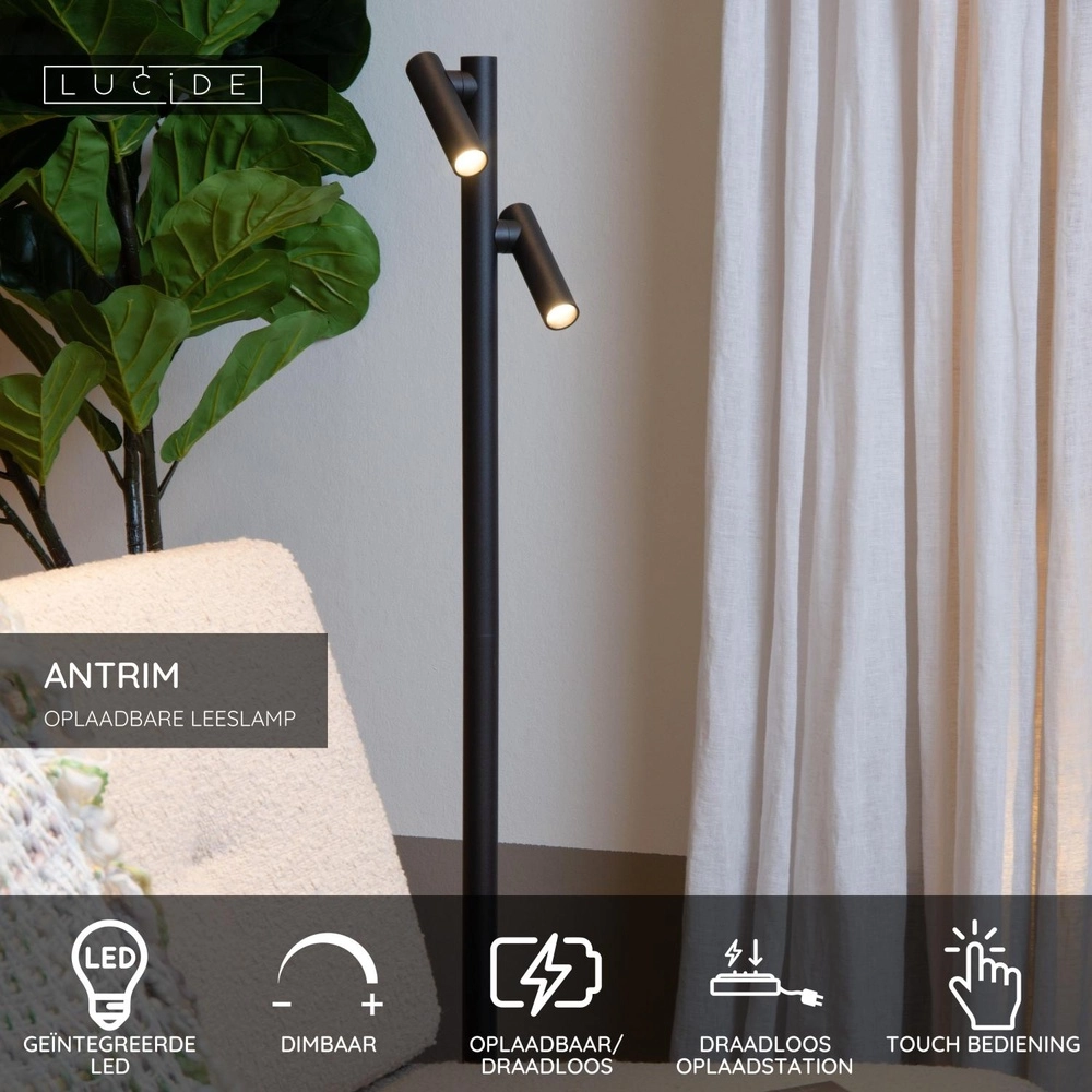 Lampe de lecture rechargeable Antrim IP54 noir à deux lumières Lucide 5411212272270