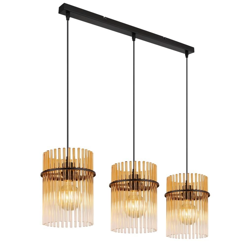Suspension noire Gorley avec verre ambré 3 lumières Suspension noire Gorley avec verre ambré 3 lumières