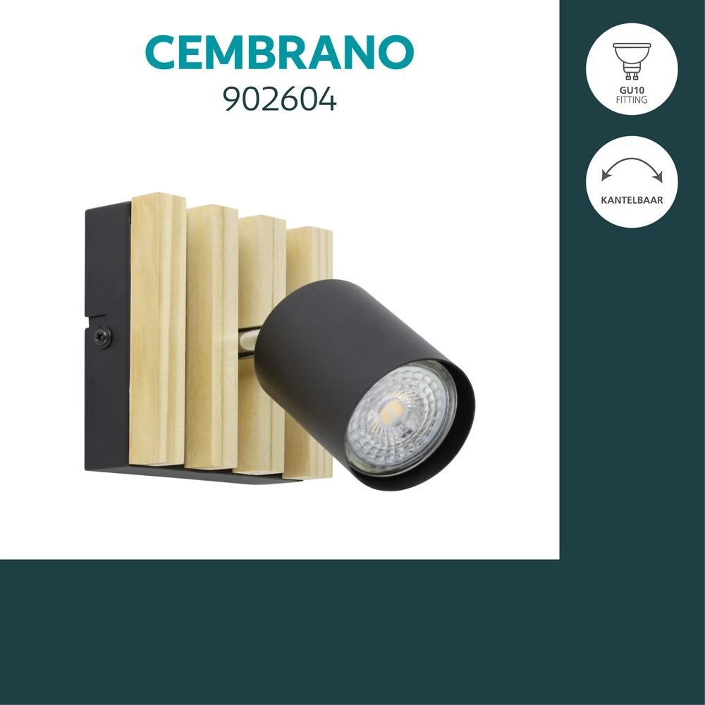 Projecteur moderne Cembrano Noir simple avec bois Eglo 9008606389049
