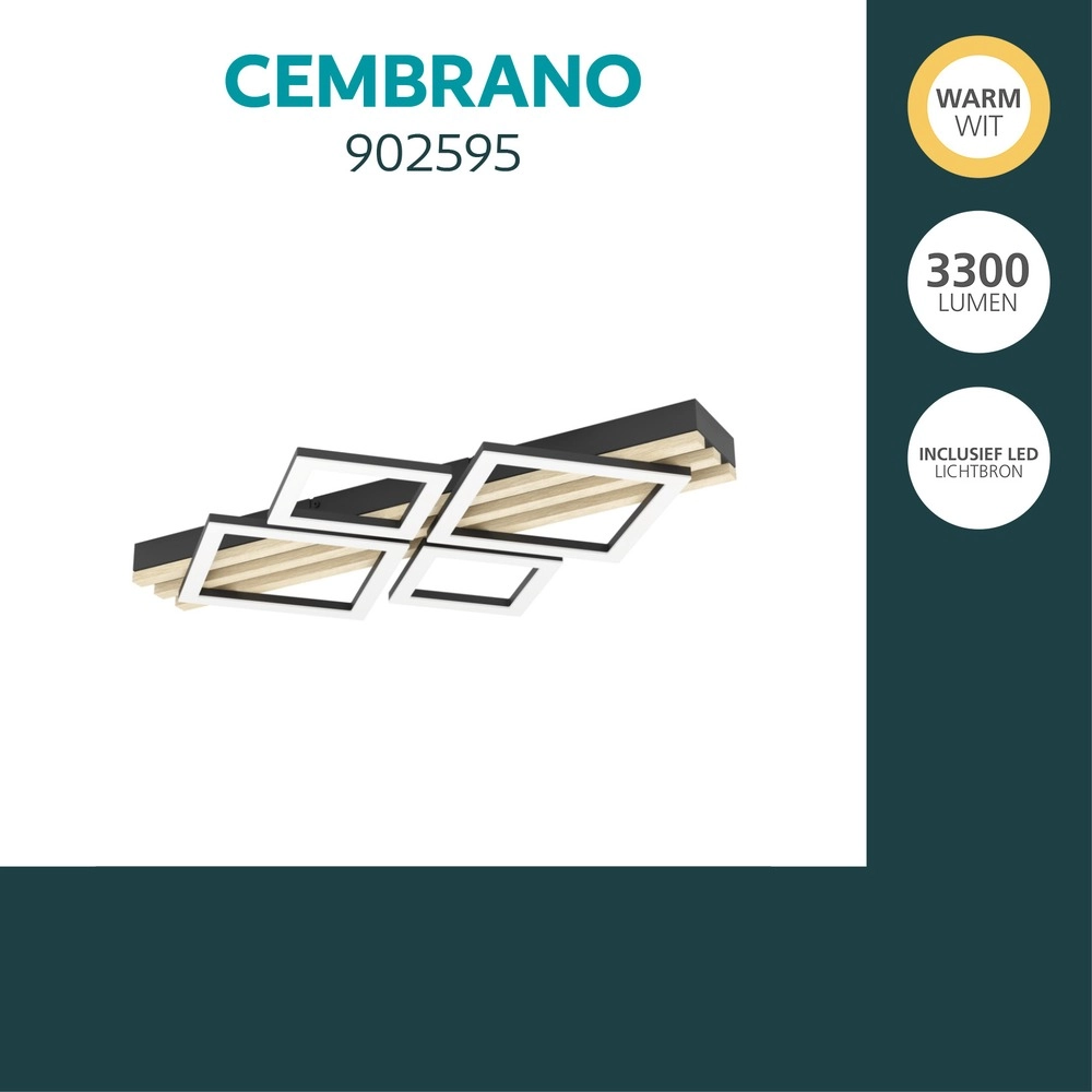 Lampe de plafond moderne Cembrano noir avec un carré en bois 72 cm Eglo 9008606388202