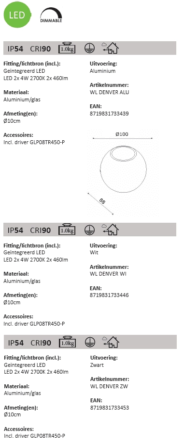 Spot mural à LED Denver rond - noir Artdelight 8719831733453