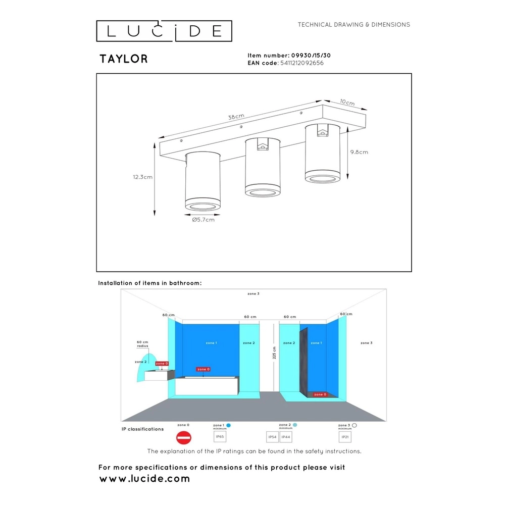 Projecteur de plafond Taylor IP44 3-lumière noire Lucide 5411212092656
