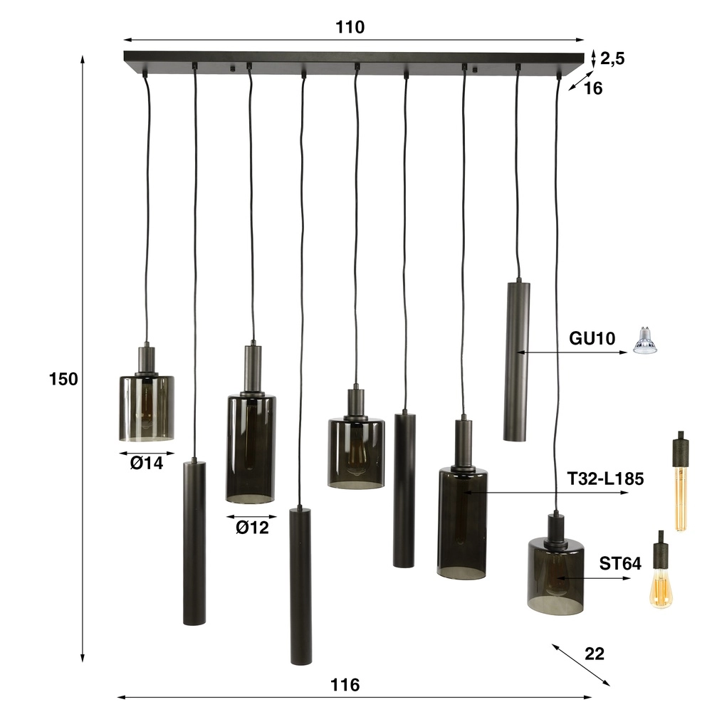 Lampe pendante de table à manger Sepiora Marron Sienna - verre foncé - avec pendentifs Lyora 8716803513464