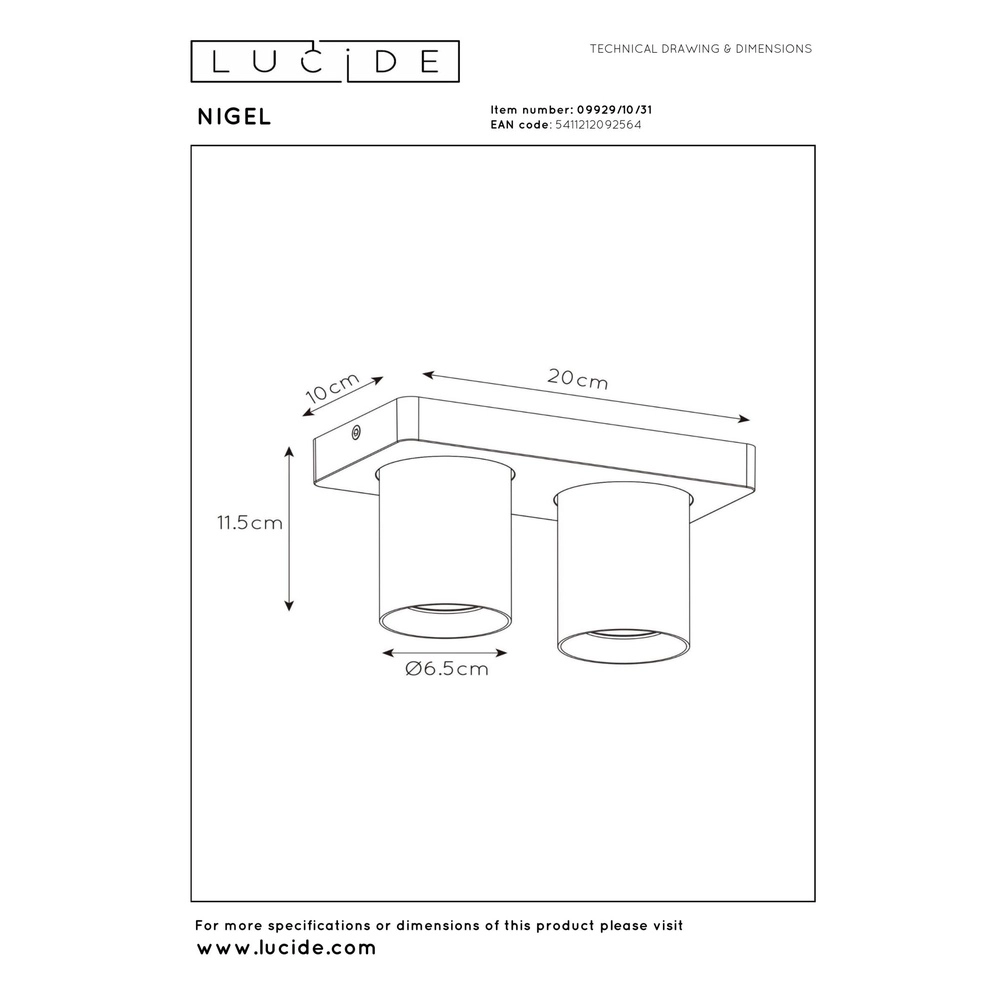 Projecteur de plafond Nigel Blanc à deux lumières Lucide 5411212092564