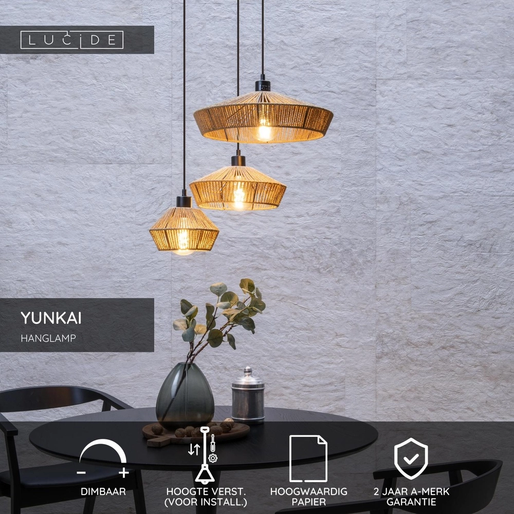 Lampe suspendue Yunkai Ø 60 cm noir avec rotin Lucide 5411212105714
