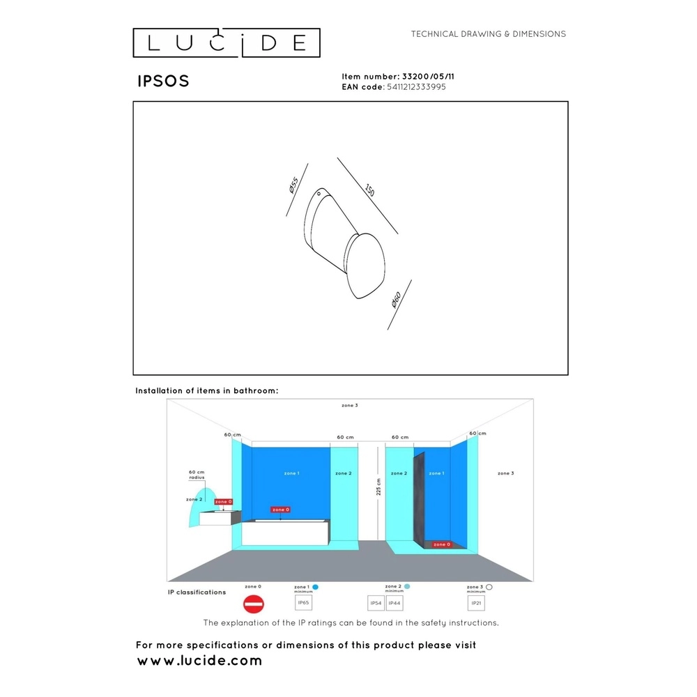 Lampe murale de salle de bain Ipsos Chrome IP54 Lucide 5411212333995