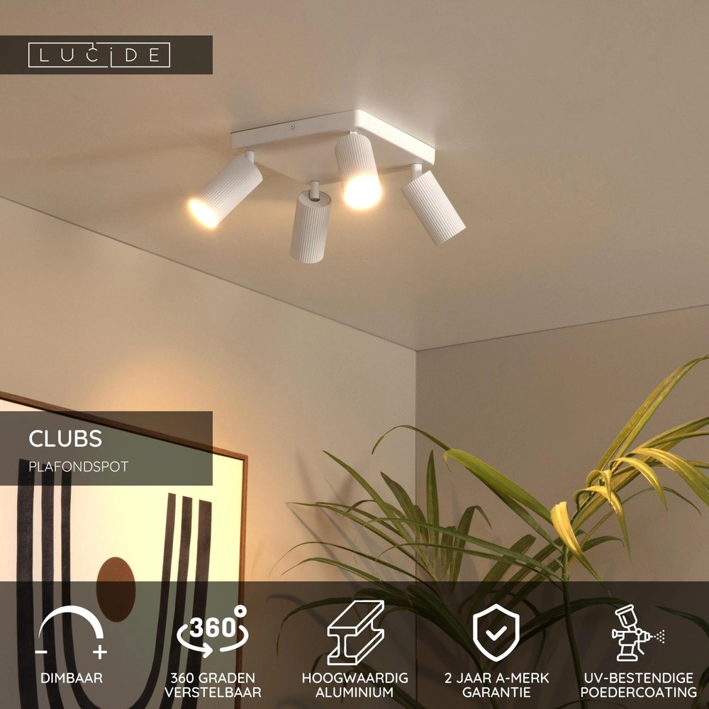 Emplacement de plafond monté en surface Clubs Blanc à 4 lumières Lucide 5411212093530