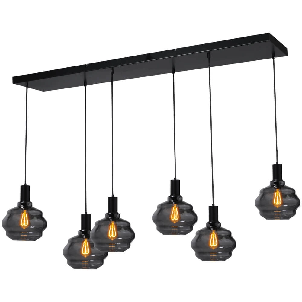 Lampe suspendue 6 lumières - noire - Porto avec des verres à fumée Ball