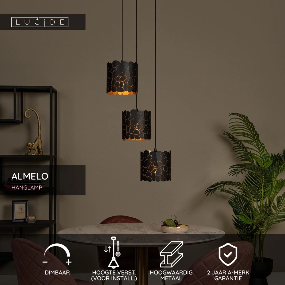 Lampe suspendue Almelo 3 couleurs noires claires avec un cercle intérieur doré Lucide 5411212211880