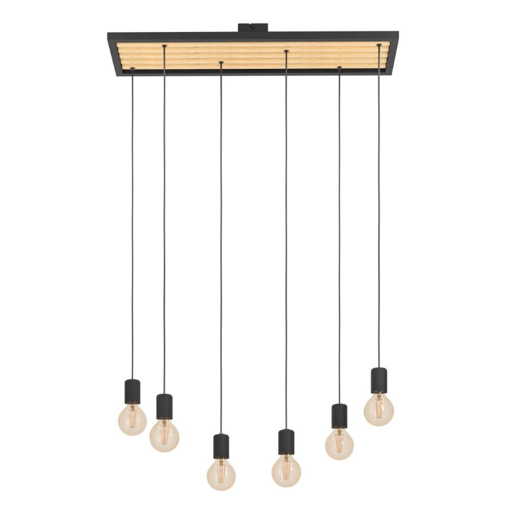 Lampe suspendue 6 lumières Consett noir avec du bois Eglo 9002759437251