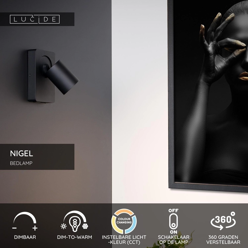 Lampe de chevet Nigel avec point de charge USB noir Lucide 5411212092731