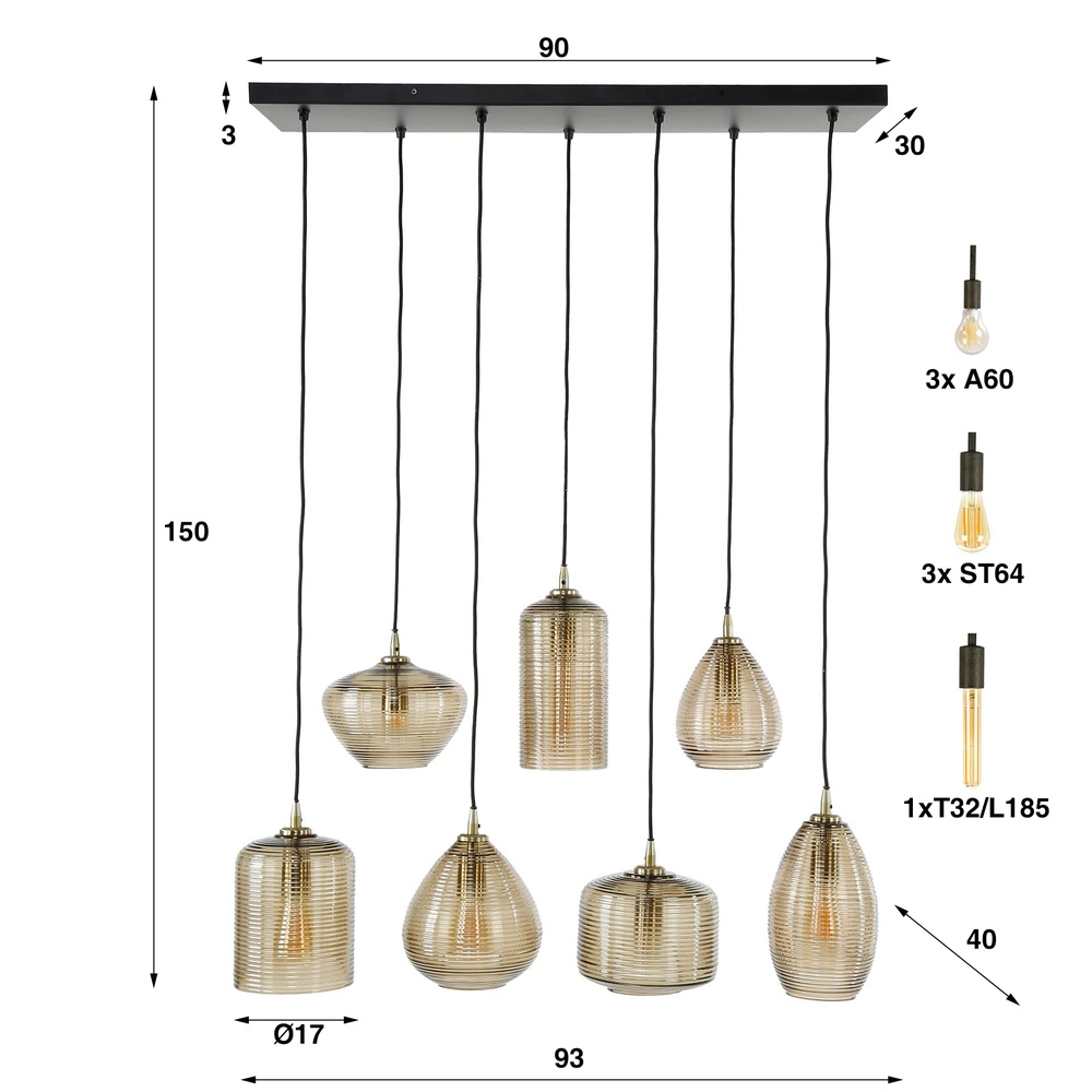 Lampe pendante de salle à manger Stripe 7 lumières - verre nervuré Lyora 8716803511125