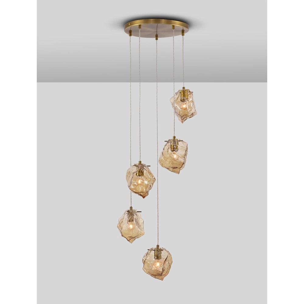 Suspension Odelle Or 5 pâles avec verre ambré