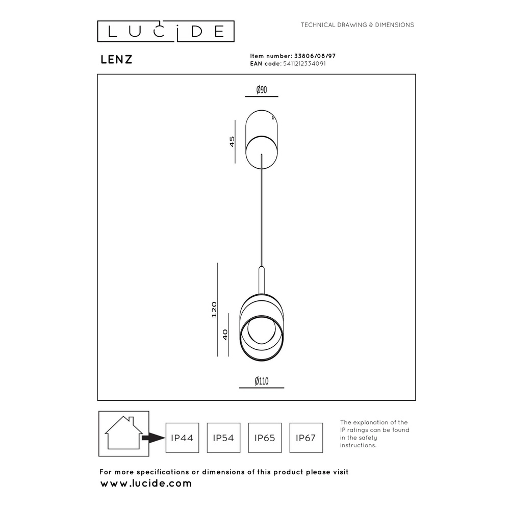 Lampe pendante de conception Lenz brun rouille Ø 11cm IP54 Lucide 5411212334091