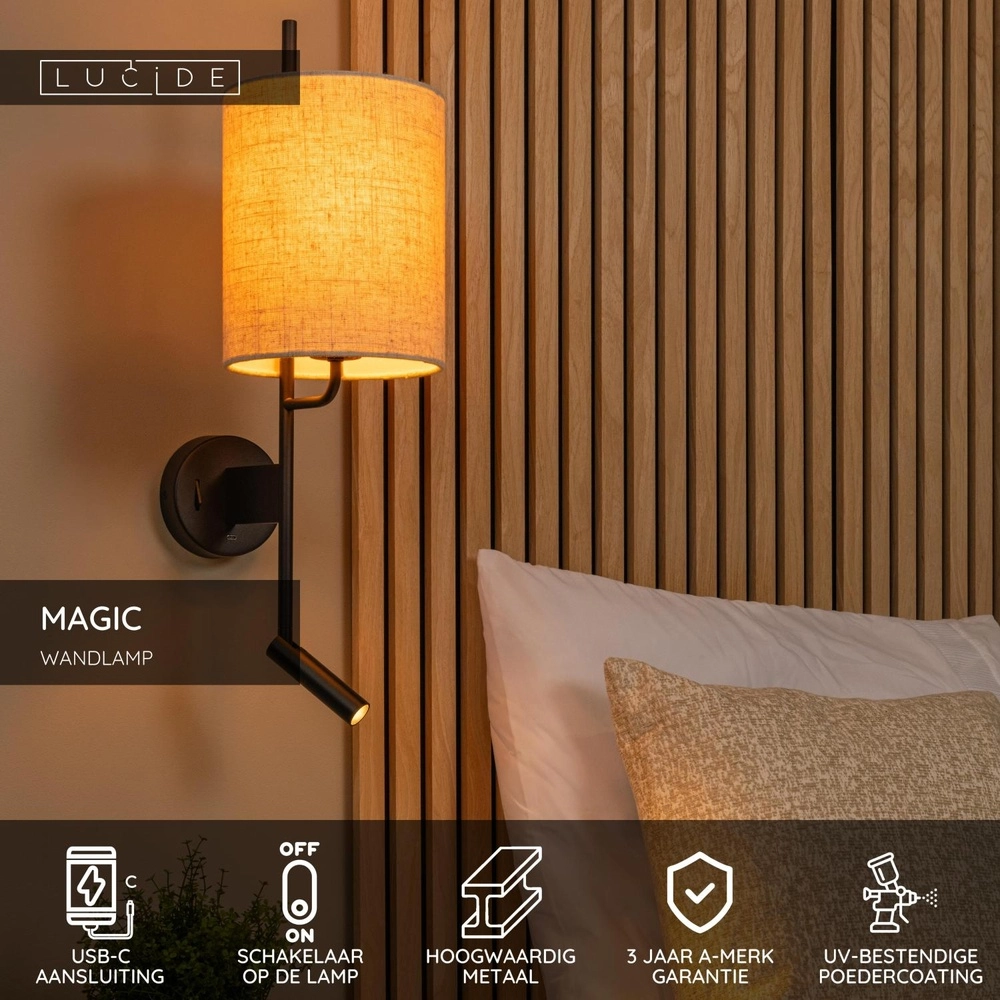 Lampe murale Magic avec lumière supplémentaire et point de charge USB Lucide 5411212680068
