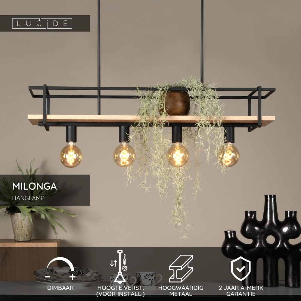 Lampe suspendue à 4 lumières Milonga noir avec bois Lucide 5411212211750