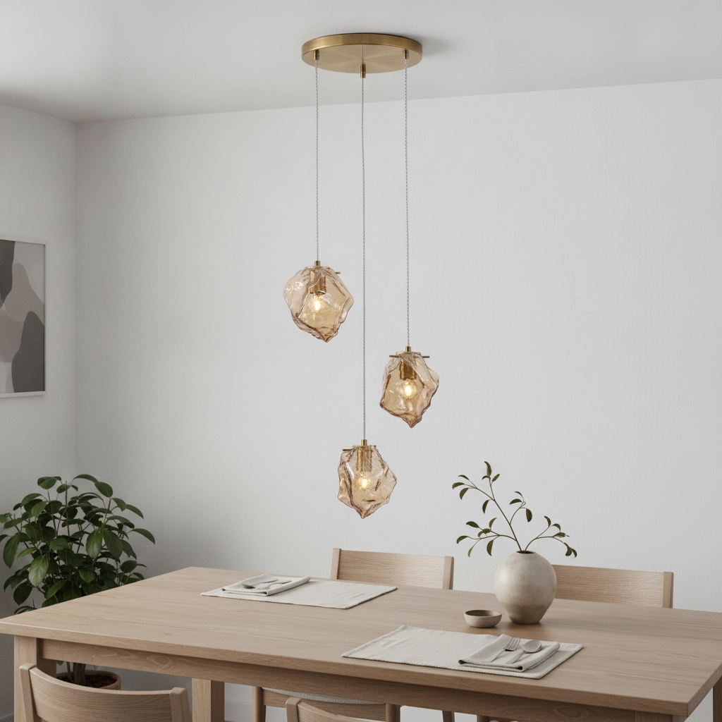 Suspension Odelle Or 3 lumières avec verre ambré