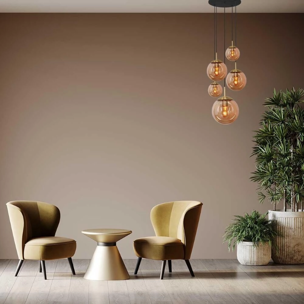Lampe suspendue loft 5 lumières Bolique or avec verre ambré Steinhauer 8712746166439