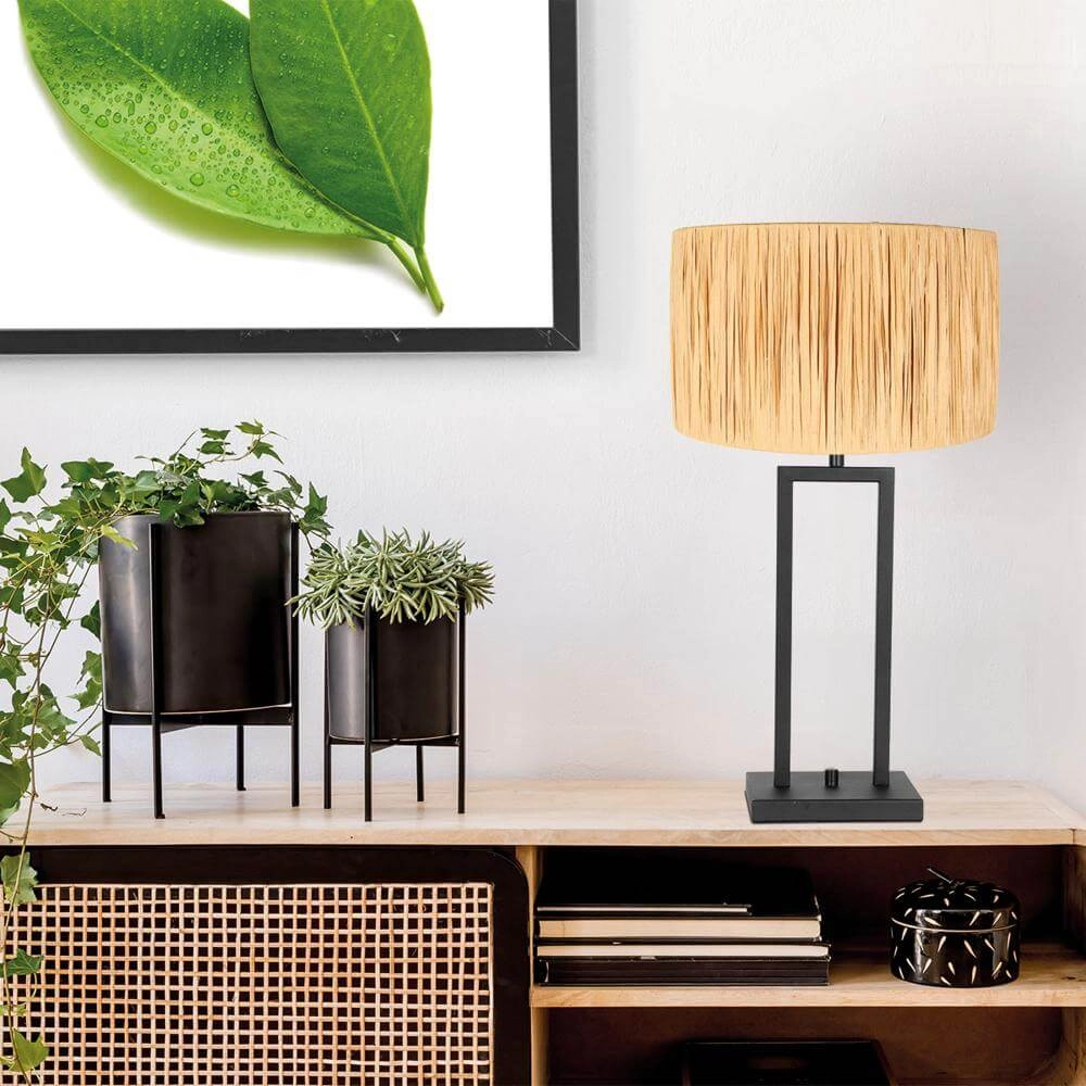 Lampe de table Stang noir avec abat-jour paille Steinhauer 8712746172034