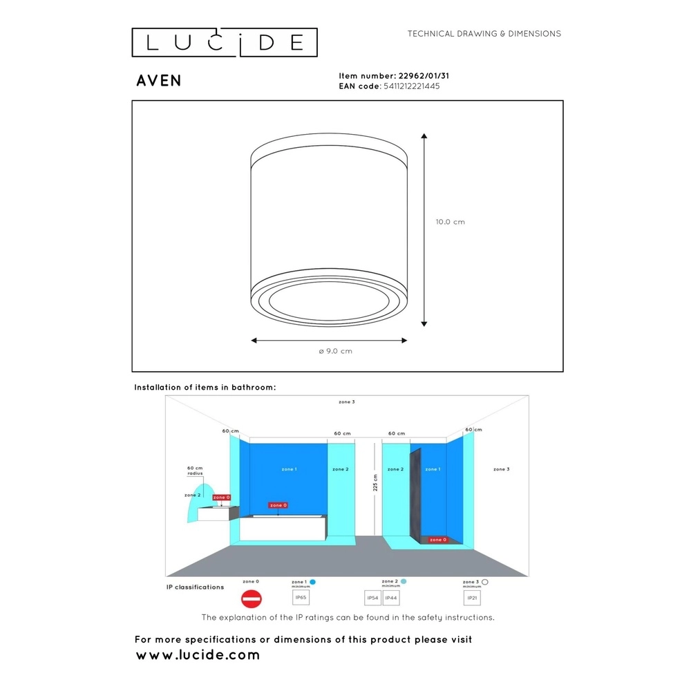 Projecteur de plafond Aven toilettes IP65 blanches Lucide 5411212221445