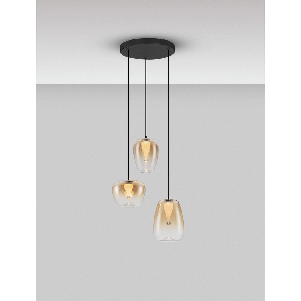 Suspension design Oblo Verre ambré à 3 lumières Suspension design Oblo Verre ambré à 3 lumières