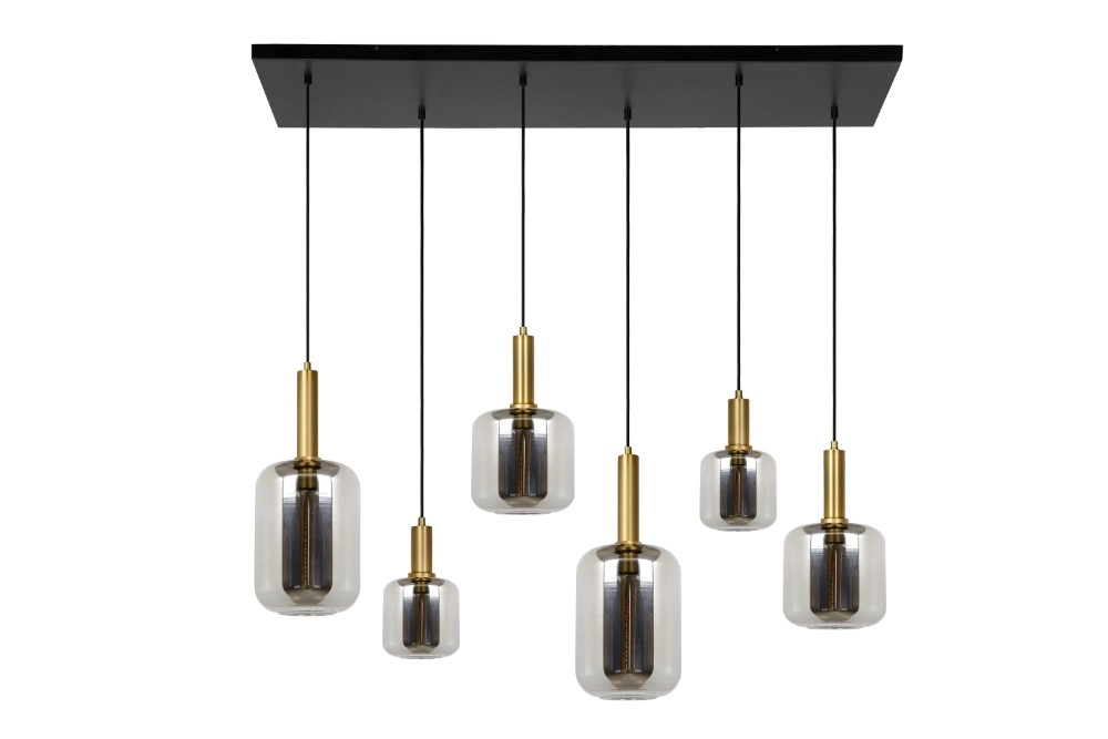 Lampe suspendue à 6 lampes Joanet Or droit avec verre fumé Lucide 5411212451446