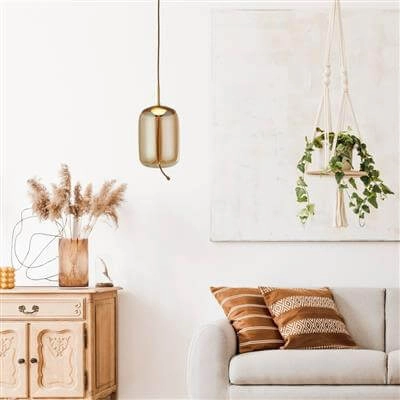 Lampe suspendue Verre Lisbon cuivre rouge avec verre cylindrique ambré Searchlight 5053423188355