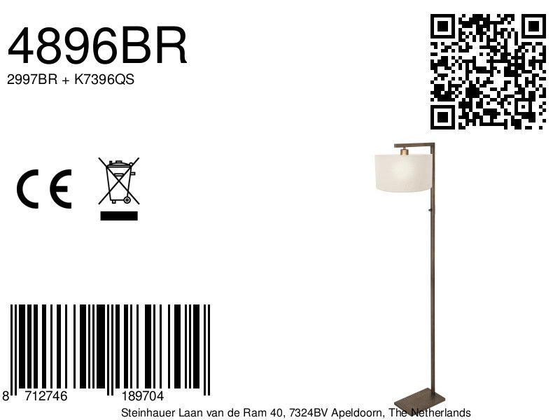 Lampe sur pied en bronze Stang avec capuche blanche Steinhauer 8712746189704