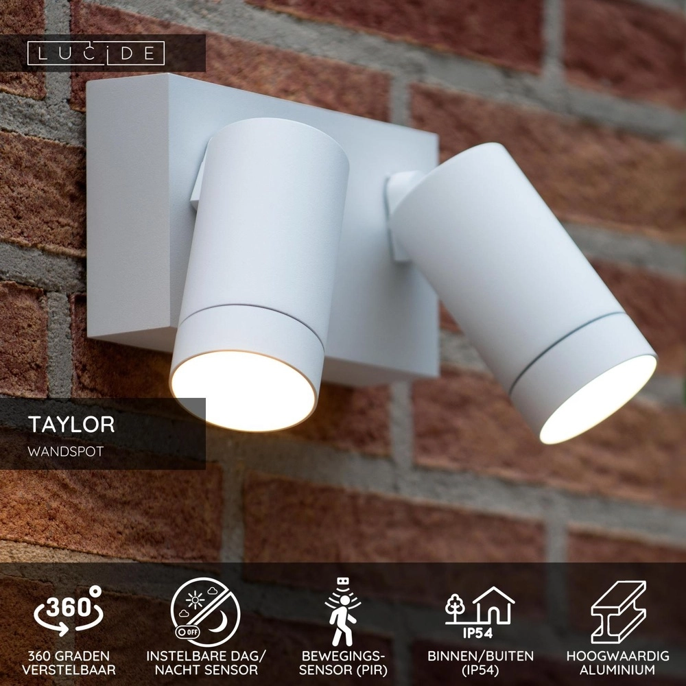 Projecteur mural Taylor Double IP54 avec capteur blanc Lucide 5411212092724