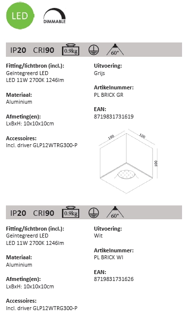 Spot LED en saillie Brick blanc Artdelight 8719831731626