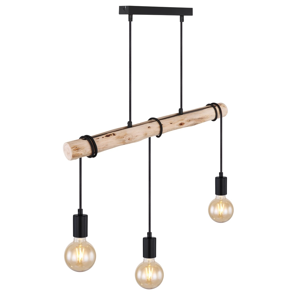 Lampe suspendue de table à manger à 3 lumières Gregor noir avec bois Globo 9007371436330