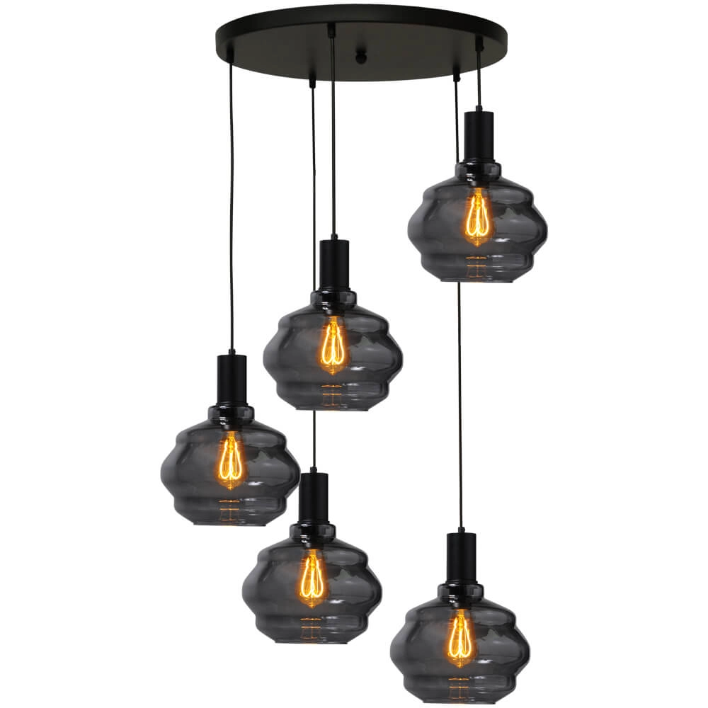 Suspension loft 5 lumières - noire - Porto avec verres à fumée Ball - Ø 24cm