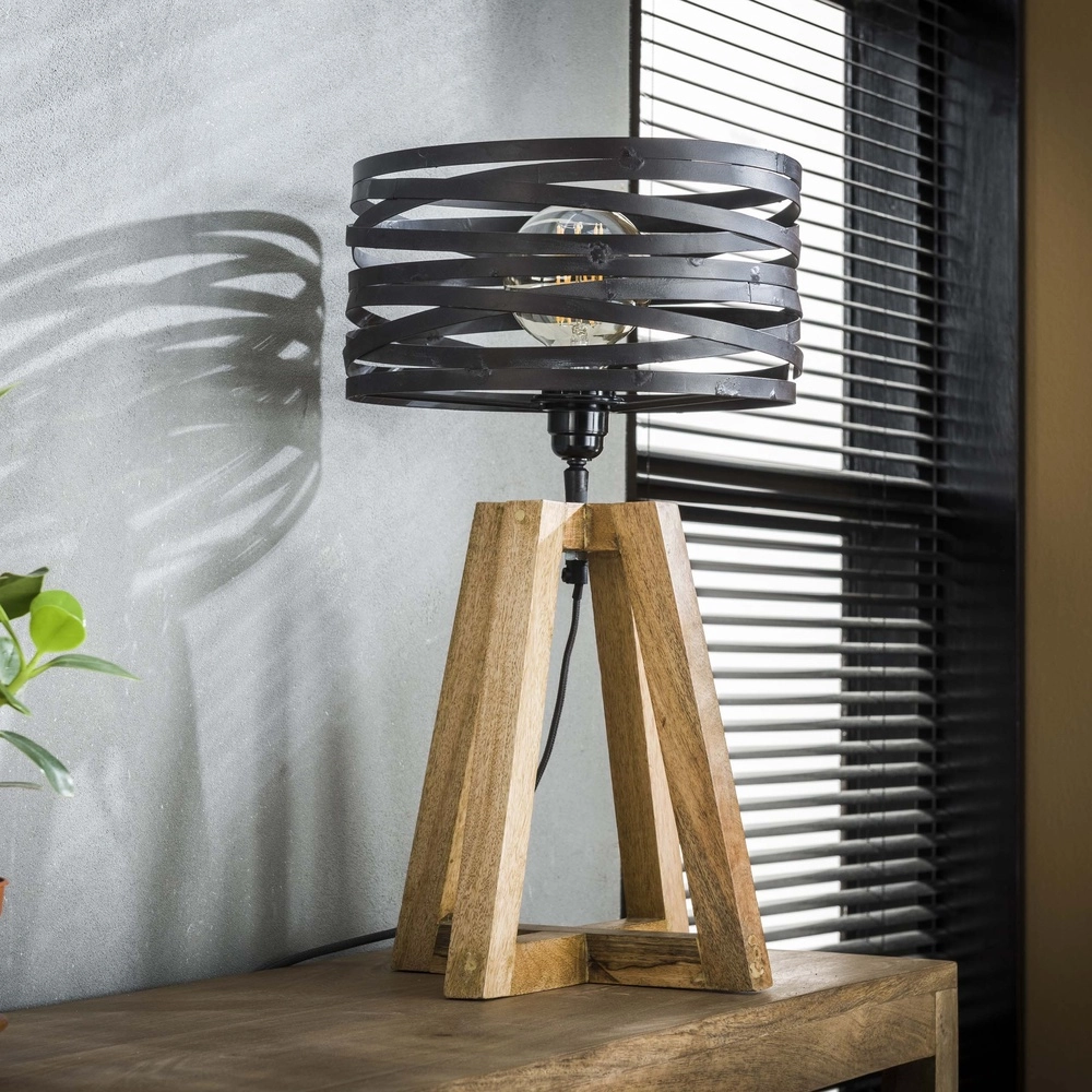 Lampe de table industrielle Twist Ø 29cm - bois avec gris Lyora 8716803511804