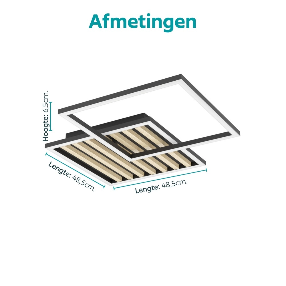 Lampe de plafond moderne Cembrano noir avec carré bois 48,5 x 48,5 cm Eglo 9008606388226
