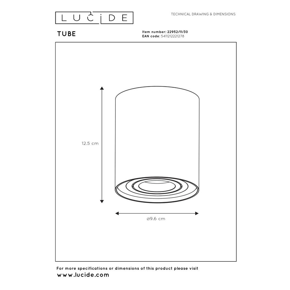 Emplacement de plafond monté en surface Tube noir Ø 9,6 cm Lucide 5411212221278