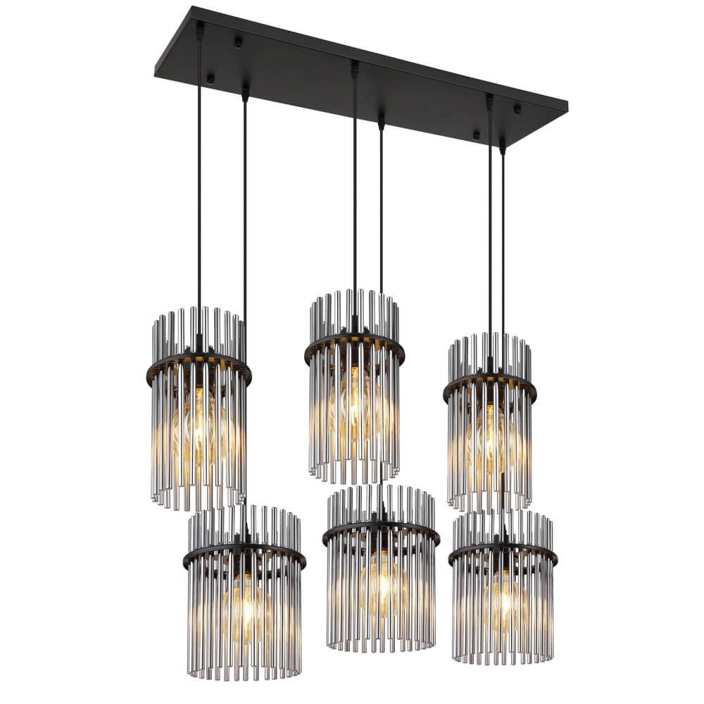 Suspension noire Gorley avec verre fumé 6 lumières Suspension noire Gorley avec verre fumé 6 lumières