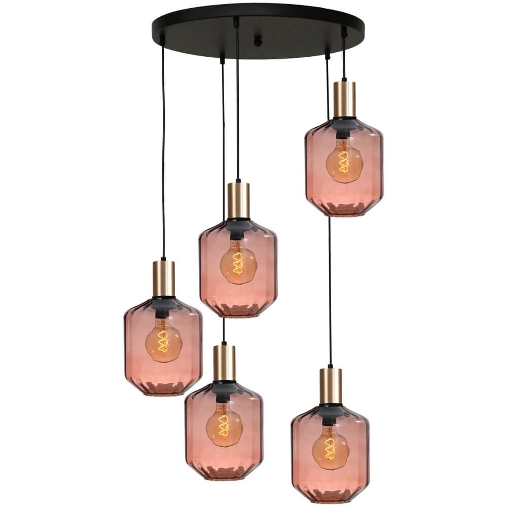 Suspension loft 5 lumières - dorée - Porto avec lunettes rouges Jagger - Ø 24cm