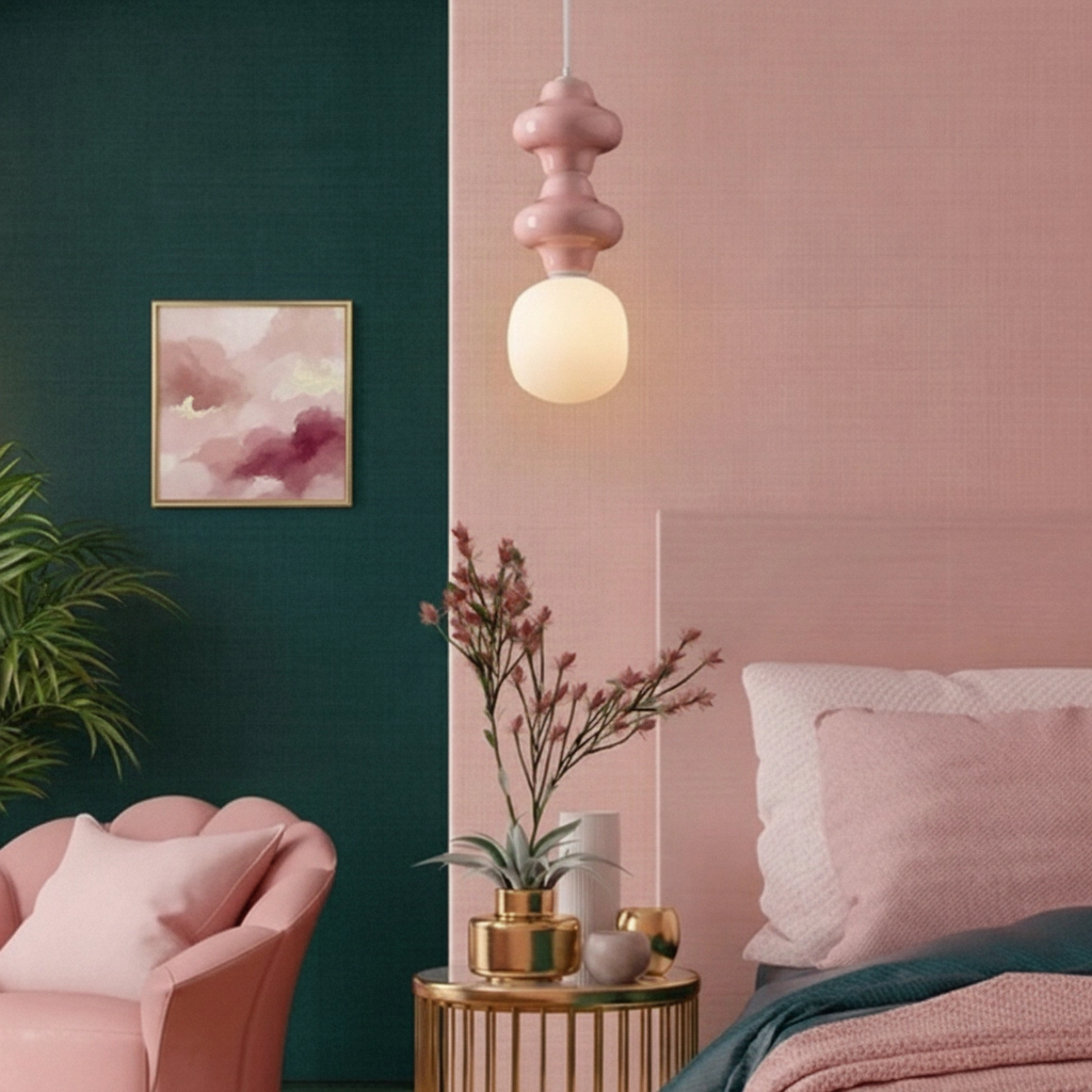 Suspension Clio M en céramique rose avec verre blanc